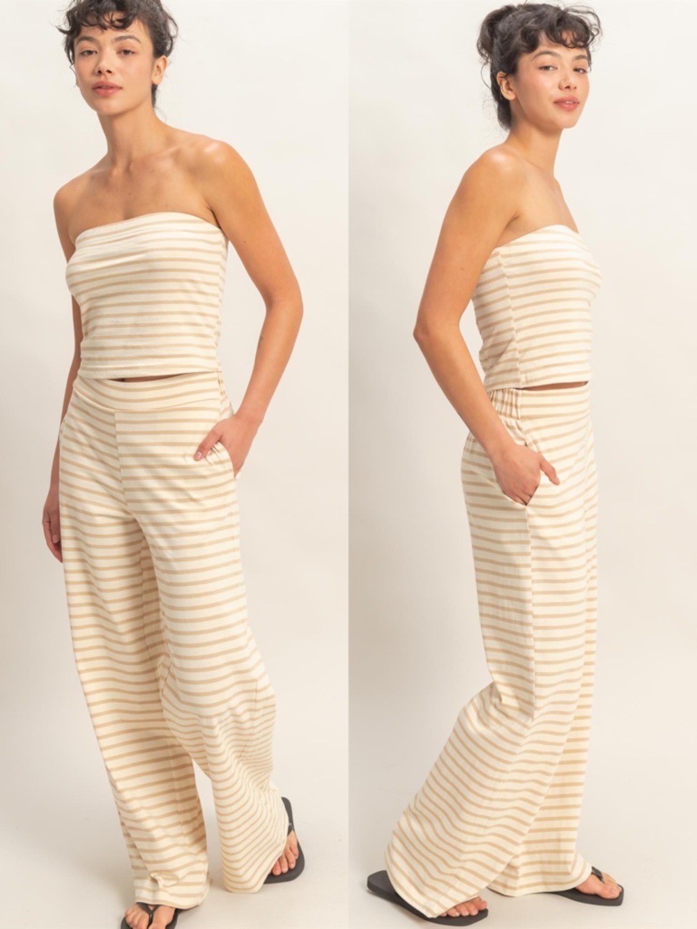 NEW HYFVE Cream Taupe Striped Tube Top & Wide Leg Pants Set Coastal Size Large